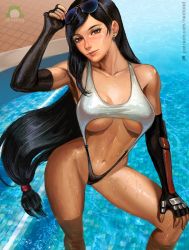 Rule 34 | 1girl, artist name, bare shoulders, black hair, black one-piece swimsuit, blush, breasts, collarbone, day, earrings, eyewear on head, final fantasy, final fantasy vii, fingerless gloves, floating hair, gloves, jewelry, large breasts, long hair, looking at viewer, midriff, navel, nextoad, one-piece swimsuit, pool, red eyes, solo, sunglasses, swimsuit, tifa lockhart, toned, two-tone swimsuit, underboob, very long hair, water, watermark, white one-piece swimsuit