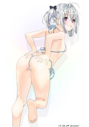 Rule 34 | 1girl, ass, ass grab, baba arumi, bikini, commentary, grabbing own ass, grin, halterneck, looking at viewer, looking back, original, purple eyes, side-tie bikini bottom, silver hair, simple background, smile, solo, standing, standing on one leg, string bikini, swimsuit, twintails, white background