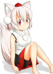 Rule 34 | 1girl, animal ears, bare shoulders, barefoot, blush, breasts, detached sleeves, elu butyo, hat, highres, inubashiri momiji, looking at viewer, pom pom (clothes), red eyes, short hair, silver hair, simple background, sitting, smile, solo, tail, tokin hat, touhou, white background, wolf ears, wolf tail