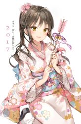 Rule 34 | 1girl, 2017, anmi, arrow (projectile), bell, bird, blush, breasts, brown eyes, brown hair, cowboy shot, flamingo, floating hair, floral print, flower, hair flower, hair ornament, half-closed eyes, hamaya, happy new year, highres, holding, holding arrow, japanese clothes, jingle bell, kimono, kotoyoro, long hair, looking at viewer, matching hair/eyes, medium breasts, mole, mole under mouth, new year, obi, original, parted lips, pink flower, purple ribbon, ribbon, sandals, sash, simple background, smile, socks, solo, standing, standing on one leg, white background, white kimono, white socks