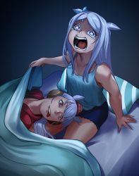 Rule 34 | 2girls, animal ears, aqua bow, bed, blanket, blunt bangs, bow, crying, ear bow, ear covers, gold ship (umamusume), grey hair, highres, horse ears, horse girl, light purple hair, long hair, mejiro mcqueen (umamusume), multiple girls, open mouth, parody, pillbox hat, pillow, purple eyes, red eyes, scene reference, shorts, tank top, the godfather, tongue, tongue out, umamusume, voodoothur
