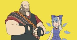 Rule 34 | 1boy, 1girl, animated, animated gif, bald, beard stubble, black gloves, black vest, blue bow, blue dress, blue hair, blush stickers, bow, bowtie, brown collar, cirno, clenched hands, closed eyes, collar, collared shirt, crossover, dress, facial hair, fairy, fairy wings, fingerless gloves, gloves, hair bow, heavy (tf2), height difference, high collar, ice, ice wings, looping animation, lowres, muscular, muscular male, open mouth, puffy short sleeves, puffy sleeves, red bow, red bowtie, red heavy (tf2), red shirt, sdz (inazuma), shell casing, shirt, short hair, short sleeves, sleeveless, sleeveless dress, smile, stubble, team fortress 2, teeth, thick eyebrows, touhou, upper body, vest, white shirt, wings, yellow background