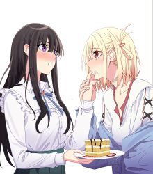 Rule 34 | 2girls, absurdres, bandaid, bandaid on neck, black hair, black skirt, blonde hair, blue jacket, blue ribbon, blush, bob cut, breasts, brooch, cake, chinese commentary, collarbone, commentary, english commentary, finger in another&#039;s mouth, food, food on face, hair between eyes, hair ornament, hairclip, heart, heart brooch, highres, inoue takina, jacket, jewelry, jovei, large breasts, long hair, long sleeves, looking at another, lycoris recoil, medium breasts, mixed-language commentary, multiple girls, neck ribbon, nishikigi chisato, off shoulder, one side up, open mouth, pleated skirt, purple eyes, red eyes, ribbon, shirt, sidelocks, simple background, skirt, upper body, white background, white shirt, yuri