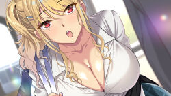 Rule 34 | 1girl, :o, bag, blonde hair, blurry, blurry background, blush, breasts, carrying over shoulder, cleavage, ecchi na gal ni sasowarete, eyes visible through hair, from above, gyaru, hayashi cherry, highres, large breasts, long hair, looking at viewer, mole, mole under eye, open mouth, original, red eyes, school bag, school uniform, side ponytail, standing, upper body