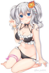 Rule 34 | 10s, 1girl, barefoot, blue eyes, blush, bra, bracelet, breasts, feet, flower, full body, hair flower, hair ornament, jewelry, kantai collection, kashima (kancolle), ko yu, looking at viewer, panties, silver hair, simple background, sitting, smile, solo, twintails, underwear, underwear only, wavy hair, white background