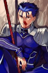 Rule 34 | 1boy, bad id, bad pixiv id, blood, blue hair, cu chulainn (fate), fate/stay night, fate (series), gae bolg (fate), cu chulainn (fate/stay night), long hair, male focus, naoko (juvenile), nosebleed, polearm, ponytail, red eyes, solo, spear, weapon