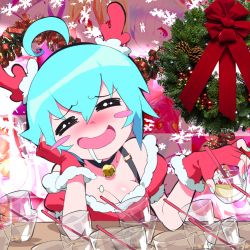 Rule 34 | 1girl, aetherion, ahoge, aqua hair, arm support, bell, blush, blush stickers, breasts, christmas, cleavage, drunk, eggnog, closed eyes, fingerless gloves, gloves, hand on own cheek, hand on own face, jingle bell, medium breasts, neck bell, nose blush, original, red gloves, santa costume, short hair, solo, space girl (aetherion), upper body