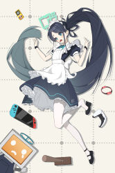 Rule 34 | &lt;key&gt; (robot) (blue archive), 1girl, absurdly long hair, absurdres, apron, aqua halo, aqua ribbon, aris (blue archive), aris (maid) (blue archive), black dress, black footwear, black hair, black wristband, blue archive, blue eyes, commentary request, controller, dress, frilled apron, frills, game boy, game controller, halo, handheld game console, highres, long hair, maid, maid apron, maid headdress, nintendo switch, official alternate costume, open mouth, pantyhose, parted hair, ponytail, puffy short sleeves, puffy sleeves, rectangular halo, ribbon, rroc (rrck11), short sleeves, very long hair, white apron, white pantyhose