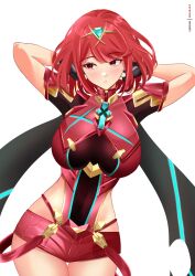 Rule 34 | 1girl, absurdres, arms up, artist name, breasts, core crystal (xenoblade), covered navel, cowboy shot, fingerless gloves, gloves, highres, impossible clothes, large breasts, meisaki, parted lips, patreon username, pyra (xenoblade), red eyes, red hair, red shorts, short hair, short shorts, shorts, solo, swept bangs, thigh gap, tiara, white background, xenoblade chronicles (series), xenoblade chronicles 2