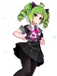 Rule 34 | 1girl, :3, ahoge, animal ears, ascot, black gloves, black jacket, black pantyhose, black skirt, blush, brooch, buttons, cat ears, closed mouth, collared shirt, commentary, delutaya, diagonal bangs, drill hair, earrings, fake animal ears, gloves, green hair, hair ornament, hairclip, half gloves, hands up, high-waist skirt, highres, indie virtual youtuber, jacket, jewelry, lapels, looking at viewer, multicolored hair, open clothes, open jacket, pantyhose, pink ascot, pink hair, pleated skirt, red eyes, shen li, shirt, shirt tucked in, short sleeves, sidelocks, simple background, skirt, sleeve cuffs, sleeveless, sleeveless shirt, smile, solo, star (symbol), star earrings, streaked hair, symbol-only commentary, triangle, triangle hair ornament, triangle hands, twin drills, twintails, virtual youtuber, white background, white shirt, wing collar