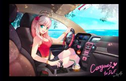 Rule 34 | 00s, 1girl, :d, ahoge, aqua eyes, belt, bendy straw, black border, black shorts, blue sky, border, bracelet, breasts, camisole, car, car interior, character doll, character request, choker, cleavage, coffee, copyright name, crop top, cross, cup, day, digital media player, drinking straw, driving, dungeon and fighter, flower, frappuccino, from side, hair flower, hair ornament, heart, highres, jewelry, key, knight (dungeon and fighter), lens flare, long hair, looking at viewer, medium breasts, mirror, motor vehicle, navel, necklace, open mouth, outstretched arm, pink hair, puyon (pixiv), puyon (puyon), red flower, red rose, rose, seatbelt, shade, shorts, signature, sitting, sky, sleeveless, smile, solo, stomach