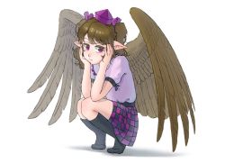 Rule 34 | 1girl, bird wings, black skirt, black socks, brown hair, brown wings, channel ikihaji, checkered clothes, checkered skirt, collared shirt, feathered wings, frilled shirt collar, frills, hand on own face, hat, himekaidou hatate, kneehighs, long hair, miniskirt, no shoes, pink shirt, pointy ears, puffy short sleeves, puffy sleeves, purple eyes, purple skirt, shirt, short sleeves, simple background, skirt, socks, squatting, tengu, tiptoes, tokin hat, touhou, twintails, white background, wings