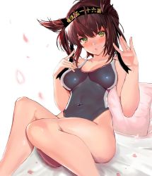 Rule 34 | 1girl, :o, black one-piece swimsuit, blush, breasts, brown hair, clothes writing, collarbone, competition swimsuit, covered navel, eriyama e, glint, hachimaki, hair flaps, hairband, hands up, hatsuzuki (kancolle), headband, highres, jewelry, kantai collection, looking at viewer, medium breasts, one-piece swimsuit, open mouth, petals, ring, short hair, sitting, skindentation, solo, swimsuit, wedding band, yellow eyes