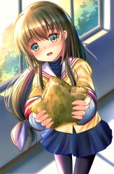 Rule 34 | 1girl, absurdres, blazer, blue skirt, blush, bow, clannad, commentary request, cowboy shot, day, eyes visible through hair, foreshortening, green eyes, hair between eyes, happy, highres, hikarizaka private high school uniform, holding, holding star, ibuki fuuko, indoors, izumikuu, jacket, long hair, long sleeves, looking at viewer, low-tied long hair, miniskirt, nose blush, open mouth, pleated skirt, purple bow, sailor collar, school uniform, sidelighting, sidelocks, skirt, smile, solo, standing, star (symbol), starfish, straight hair, very long hair, white sailor collar, yellow eyes, yellow jacket