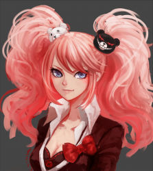 Rule 34 | 10s, 1girl, animal hair ornament, bear hair ornament, blue eyes, breasts, cleavage, danganronpa: trigger happy havoc, danganronpa (series), douyougen, enoshima junko, grey background, hair ornament, long hair, looking at viewer, necktie, pink hair, school uniform, simple background, smile, solo, spoilers, twintails