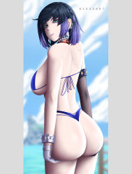Rule 34 | 1girl, absurdres, artist name, ass, ass support, bare shoulders, bikini, black hair, breasts, choker, come hither, deep skin, from behind, genshin impact, gloves, gradient hair, green eyes, highres, large breasts, looking at viewer, multicolored hair, naughty face, parted lips, purple hair, shiny skin, short hair, sideboob, smile, solo, swimsuit, thong, thong bikini, yelan (genshin impact), zedxbr