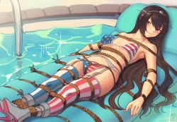 Rule 34 | 1girl, alternate costume, american flag bikini, american flag legwear, asymmetrical legwear, bdsm, bikini, black hair, bondage, bound, breasts, commission, flag print, garter belt, headgear, highres, kaddo, kantai collection, large breasts, long hair, lying, mismatched legwear, nagato (kancolle), navel, on back, red eyes, rope, solo, striped clothes, striped thighhighs, swimsuit, thighhighs, vertical-striped clothes, vertical-striped thighhighs
