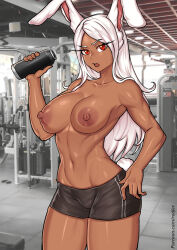 Rule 34 | 1girl, animal ears, black shorts, boku no hero academia, bottle, breasts, collarbone, dark-skinned female, dark skin, gym, holding, holding bottle, large breasts, long eyelashes, long hair, looking at viewer, mirko, muscular, muscular female, navel, nipples, open mouth, parted bangs, patreon username, rabbit ears, rabbit girl, rabbit tail, red eyes, redjet, short shorts, shorts, solo, tail, thighs, toned, topless, water bottle, white hair