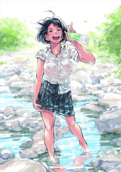 Rule 34 | 1girl, :d, absurdres, berose, black hair, blush, bottle, breasts, collarbone, collared shirt, day, highres, holding, holding bottle, in water, large breasts, leaf, looking at viewer, nature, nipples, no bra, open mouth, original, outdoors, plant, pleated skirt, rock, school uniform, see-through, shirt, short hair, skirt, sleeves rolled up, smile, solo, splashing, standing, stream, tan, teeth, tongue, untucked shirt, wading, water bottle, wet, wet clothes, white shirt, wind, wringing clothes