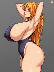Rule 34 | 1girl, :o, absurdres, armpits, arms behind head, arms up, ass, bleach, blue eyes, breasts, cameltoe, closed mouth, covered erect nipples, curvy, eyes visible through hair, highres, huge breasts, jmg, long hair, looking at viewer, matsumoto rangiku, mole, mole under mouth, orange hair, shiny skin, sideboob, simple background, solo, standing, swimsuit, thick thighs, thighs
