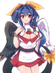 Rule 34 | 1girl, alternate hairstyle, angel wings, asymmetrical wings, blue hair, blush, breasts, chemaru (a8l), cleavage, cleavage cutout, clothing cutout, dizzy (guilty gear), guilty gear, hair between eyes, hair ribbon, large breasts, looking at viewer, monster girl, ponytail, red eyes, ribbon, sidelocks, single hair ring, smile, solo, tail, tail ornament, tail ribbon, wings, yellow ribbon
