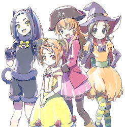 Rule 34 | 4girls, :d, ;d, animal ears, artist request, bad id, bad pixiv id, bell, black gloves, black hair, blue eyes, bow, brown eyes, brown hair, bubble skirt, cat ears, cosplay, dress, eyelashes, gloves, green eyes, hair ornament, halloween, happy, hat, heart, houjou hibiki, index finger raised, jewelry, kurokawa eren, long hair, looking at viewer, minamino kanade, multiple girls, one eye closed, open mouth, pantyhose, pirate hat, precure, seiren (suite precure), shirabe ako, short hair, short twintails, simple background, skirt, smile, source request, standing, suite precure, tiara, twintails, two side up, white background, wink, witch hat, yellow eyes