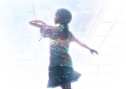 Rule 34 | 1girl, bare legs, brown hair, closed eyes, furai, light particles, long hair, looking up, original, outstretched arm, pleated skirt, ponytail, school uniform, short sleeves, skirt, sky, solo, window