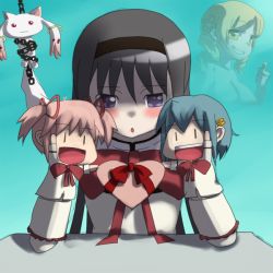Rule 34 | 10s, 2girls, akemi homura, bad id, bad pixiv id, black hairband, blonde hair, blue hair, blush, breasts, chain, chained, character doll, cometch, drill hair, hairband, hand puppet, kaname madoka, kyubey, mahou shoujo madoka magica, mahou shoujo madoka magica (anime), miki sayaka, multiple girls, nude, pink hair, projected inset, puppet, school uniform, small breasts, sparkle, thumbs up, tomoe mami, upper body, valentine, | |