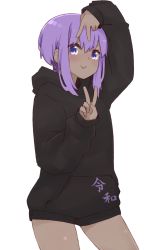 Rule 34 | &gt;:), 1girl, alternate costume, arm up, black hoodie, blush, closed mouth, cowboy shot, dark-skinned female, dark skin, fate/prototype, fate/prototype: fragments of blue and silver, fate (series), hair between eyes, hassan of serenity (fate), hood, hood down, hoodie, i.u.y, long sleeves, puffy long sleeves, puffy sleeves, purple eyes, purple hair, simple background, sleeves past wrists, smile, solo, translation request, v-shaped eyebrows, white background