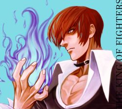 Rule 34 | 1boy, blue background, choker, copyright name, fire, hair over one eye, juu satoshi, male focus, pectoral cleavage, pectorals, purple fire, pyrokinesis, red eyes, red hair, simple background, solo, the king of fighters, yagami iori