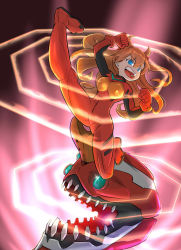 Rule 34 | 1girl, artist request, ass, at field, blue eyes, bodysuit, breasts, brown hair, clenched hands, eva 02, floating hair, full body, hair ornament, highres, interface headset, leg up, long hair, mecha, medium breasts, neon genesis evangelion, open mouth, plugsuit, robot, shiny clothes, simple background, smile, solo, souryuu asuka langley, very long hair