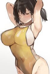 Rule 34 | 1girl, arknights, armpits, arms behind head, breasts, brown hair, competition swimsuit, covered navel, earrings, highres, jewelry, large breasts, magallan (arknights), multicolored hair, one-piece swimsuit, one eye closed, otsumami (02mami), simple background, single earring, streaked hair, swimsuit, white background