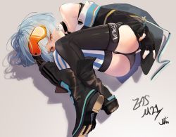 Rule 34 | 1girl, absurdres, ass, asymmetrical legwear, bare shoulders, blue hair, boots, character name, choker, collarbone, commentary request, dress, earrings, eyewear on head, fingerless gloves, girls&#039; frontline, gloves, goggles, goggles on head, highres, jewelry, korean commentary, looking at viewer, lying, mii (0rnin), mismatched legwear, nail polish, on side, orange eyes, short hair, signature, simple background, solo, striped clothes, striped thighhighs, thighhighs, vertical-striped clothes, vertical-striped thighhighs, zas m21 (girls&#039; frontline)