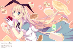 Rule 34 | 1girl, alice (alice in wonderland), alice in wonderland, apple, blonde hair, blue eyes, cake, cover, cover page, doughnut, dress, food, fruit, gloves, hairband, holding, long hair, looking at viewer, ooba kagerou, solo, white gloves