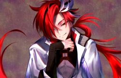 Rule 34 | 1boy, black hair, commentary request, earrings, eyebrow cut, fate/grand order, fate (series), jacket, japanese clothes, jewelry, long hair, long sleeves, looking at viewer, male focus, multicolored hair, red eyes, red hair, smile, solo, soraao0322, streaked hair, takasugi shinsaku (fate), two-tone hair, upper body, white hair, white jacket