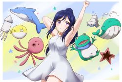 Rule 34 | 1girl, absurdres, artist name, artist request, blue hair, blush, clenched hand, dolphin, dress, female focus, floating hair, frog, hair between eyes, hand up, high ponytail, highres, long hair, looking at viewer, love live!, love live! sunshine!!, matsuura kanan, miniskirt, octopus, parted lips, plaid, plaid dress, plaid skirt, pleated, pleated dress, pleated skirt, ponytail, purple eyes, skirt, sleeveless, sleeveless dress, smile, solo, star (symbol), starfish, sundress, wavy hair, whale, white dress, white skirt