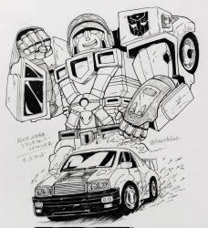 Rule 34 | car, clenched hand, greyscale, highres, hot shot (transformers), ink (medium), kaichou kanei, looking at viewer, mecha, monochrome, motor vehicle, open mouth, pen, photo (medium), robot, science fiction, smile, spoiler (automobile), traditional media, transformers, transformers armada, transformers unicron trilogy, twitter username, white background