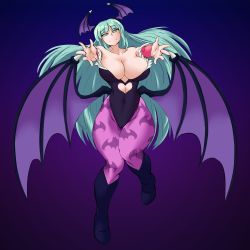 Rule 34 | 1girl, absurdres, animal print, bare shoulders, bat print, black leotard, blue background, blunt bangs, boots, breasts, bridal gauntlets, cleavage, closed mouth, clothing cutout, collarbone, covered navel, demon wings, full body, gluteal fold, gradient background, green eyes, green hair, head wings, heart cutout, highres, huge breasts, kyelyn, legs, leotard, long hair, looking at viewer, matching hair/eyes, morrigan aensland, pantyhose, purple background, purple pantyhose, smile, solo, thigh gap, two-tone background, vampire (game), wings