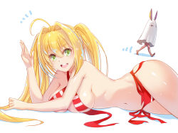 Rule 34 | 2girls, :d, ahoge, bad id, bad pixiv id, bikini, blonde hair, breasts, fate/grand order, fate (series), green eyes, hair intakes, highres, long hair, looking at viewer, lying, medium breasts, multiple girls, navel, nero claudius (fate), nero claudius (fate) (all), nero claudius (swimsuit caster) (fate), nitocris (fate), open mouth, simple background, smile, striped bikini, striped clothes, swimsuit, twintails, walking, wardrobe malfunction, white background, xion32