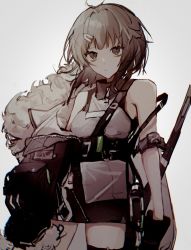 Rule 34 | 1girl, absurdres, arknights, armband, bare shoulders, chan8016, closed mouth, fur-trimmed jacket, fur trim, hair ornament, hairclip, highres, jacket, jacket partially removed, la pluma (arknights), monochrome, short hair, shorts, sleeveless, sleeveless turtleneck, solo, turtleneck