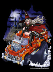 Rule 34 | 00s, 2009, axe, car, castle, eiji saeki, gloves, hat, long hair, moon, motor vehicle, night, night sky, skull, sky, solo, truck, vehicle, weapon, witch, witch hat