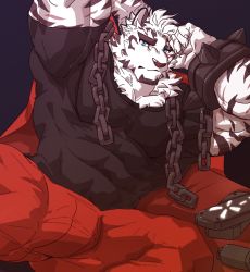 Rule 34 | 1boy, animal ears, arknights, bara, black shirt, bulge, chain, chain necklace, covered abs, cuffs, furry, furry male, handcuffs, highres, istani, jewelry, male focus, mountain (arknights), muscular, muscular male, necklace, official alternate costume, orange pants, paid reward available, pants, pectorals, scar, scar across eye, scar on face, shirt, short hair, solo, spread legs, thick eyebrows, tiger boy, tiger ears, tight clothes, tight shirt, white fur, white hair, white pants