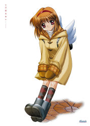 Rule 34 | 1990s (style), 1girl, absurdres, argyle, argyle clothes, argyle legwear, backpack, bag, black footwear, boots, brown hair, character name, coat, copyright name, full body, hairband, highres, kanon, kneehighs, logo, long hair, long sleeves, looking at viewer, mittens, non-web source, official art, poster (medium), red eyes, retro artstyle, rubber boots, scan, simple background, smile, socks, solo, standing, tsukimiya ayu, white background, white wings, wings