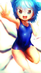 Rule 34 | 1girl, :d, absurdres, bare arms, blue eyes, blue hair, blue one-piece swimsuit, blurry, blurry background, cirno, covered navel, depth of field, hand up, highres, looking at viewer, niwarhythm, one-piece swimsuit, open mouth, round teeth, smile, solo, swimsuit, teeth, touhou, upper teeth only, w