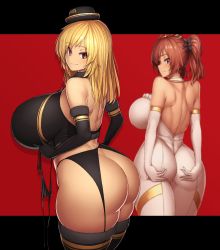 Rule 34 | 1girl, absurdres, ass, ass support, back, backless outfit, black gloves, blonde hair, blush, breasts, brown eyes, brown hair, elbow gloves, from behind, garter straps, gloves, hat, highres, huge ass, huge breasts, legs, long hair, looking at viewer, looking back, makino momiji (artist), original, red background, red eyes, skin tight, smile, solo, thighs, wide hips