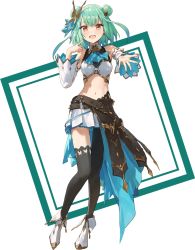 Rule 34 | 1girl, artist request, ascot, asymmetrical legwear, bare shoulders, belt, belt skirt, bow, butterfly hair ornament, crop top, detached sleeves, double bun, full body, green hair, hair bow, hair bun, hair ornament, hololive, key visual, looking at viewer, midriff, miniskirt, multiple belts, navel, official art, open mouth, pleated skirt, promotional art, red eyes, ribbon, skirt, smile, solo, standing, stomach, thighhighs, transparent background, uruha rushia, virtual youtuber, white footwear, zettai ryouiki
