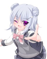 Rule 34 | 1girl, ;d, black jacket, black skirt, bow, collared shirt, commentary request, double bun, dress shirt, flower, grey hair, hair between eyes, hair bun, hair flower, hair ornament, hairclip, highres, jacket, kanijiru, koharu rikka, long hair, long sleeves, looking at viewer, one eye closed, open clothes, open jacket, open mouth, pink bow, pleated skirt, pointing, pointing at viewer, purple eyes, shirt, simple background, skirt, sleeves past wrists, smile, solo, sweater vest, synthesizer v, white background, white flower, white shirt