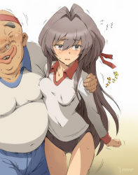 Rule 34 | 1boy, 1girl, arm around shoulder, bald, black hair, blush, buruma, character name, covered navel, closed eyes, gym uniform, hair between eyes, headband, highres, impossible clothes, lips, long hair, nose picking, original, parted lips, plus step, smile, snot, stretching, sweat, thigh gap, three-legged race, ugly man, white background