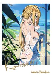 Rule 34 | 10s, 1girl, ahoge, alternate hairstyle, ass, back, bare arms, bare shoulders, bikini, blonde hair, blue sky, blush, breasts, character name, closed mouth, cloud, cloudy sky, commentary request, covered erect nipples, cowboy shot, day, earrings, eyelashes, fate/extra, fate/grand order, fate (series), from behind, glint, green eyes, hair down, hair intakes, halterneck, hand in own hair, hands up, highres, holding, holding hair, jewelry, legs together, long hair, looking at viewer, looking back, lu&quot;, medium breasts, nape, nero claudius (fate), nero claudius (fate) (all), nero claudius (swimsuit caster) (fate), nero claudius (swimsuit caster) (third ascension) (fate), ocean, outdoors, profile, see-through, shoulder blades, side-tie bikini bottom, sideboob, sidelocks, sky, smile, solo, standing, striped bikini, striped clothes, swimsuit, thigh gap, water
