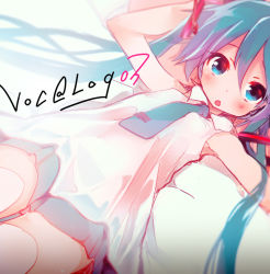 Rule 34 | 1girl, aqua eyes, aqua hair, aqua necktie, aqua skirt, bed sheet, blush, breasts, collar, commentary request, hair between eyes, hair ornament, hatsune miku, hiyo kotori, long hair, looking at viewer, lying, name tag, necktie, on back, open mouth, shirt, skirt, sleeveless, small breasts, solo, thighhighs, twintails, very long hair, vocaloid, white background, white shirt, white thighhighs, zettai ryouiki